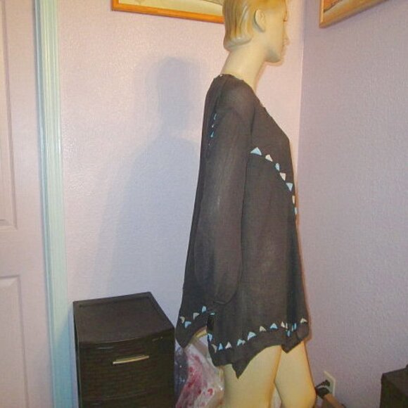 Free People Tunic Top Size XS Asymmetrical Beaded Embroidered Gauze Puff Sleeve - Picture 5 of 10